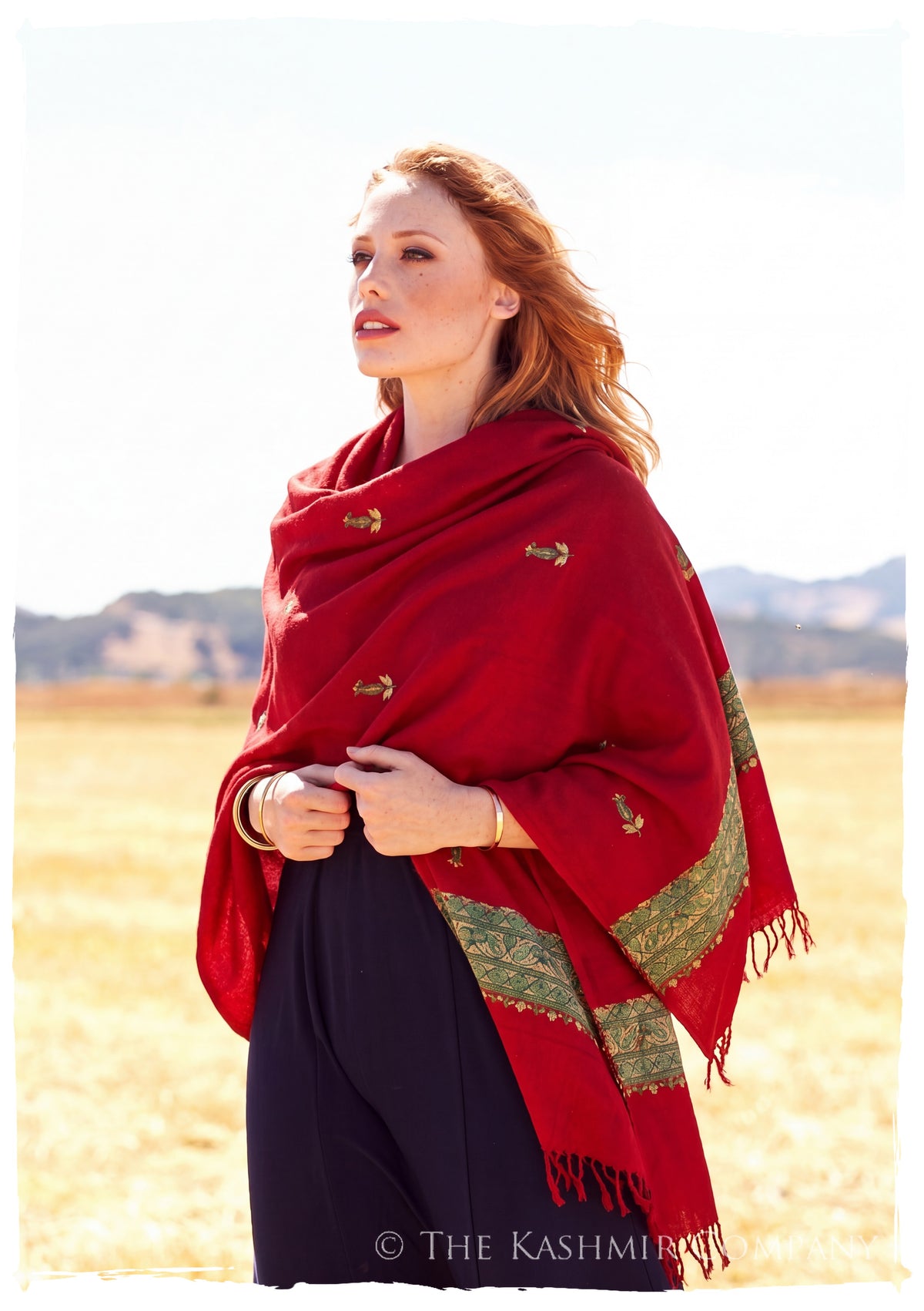 Aurora Rouge Trois Frontières Gift Shawl — lifestyle