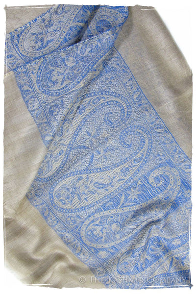 Jacquard Frontiere Bleu Taupe Cashmere Scarf